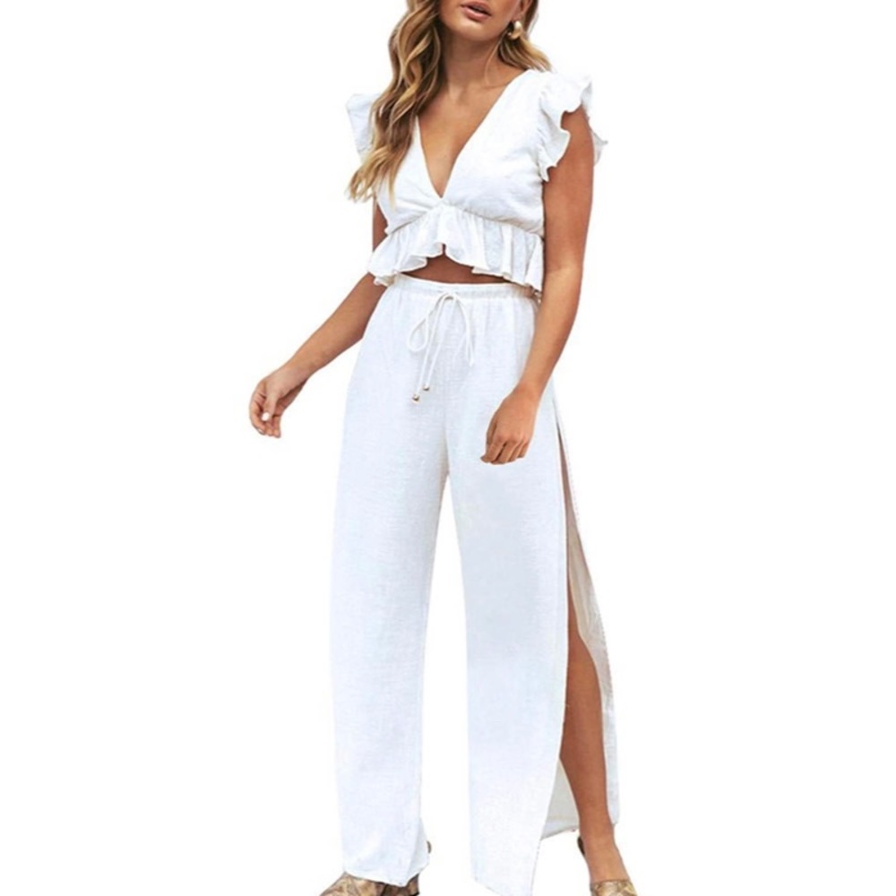 NWT White Crop Top + Slit Pants Matching Set LARGE